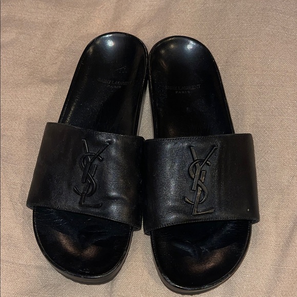 Saint Laurent Black Leather Slide Sandals - Picture 1 of 5